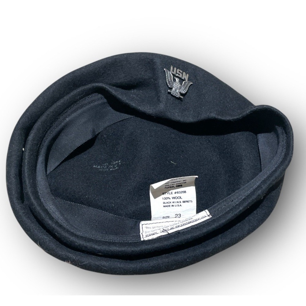 Vintage USN badge Pin‎ Bernard Military Cap Beret Sz 22 Black 100% Wool Made USA